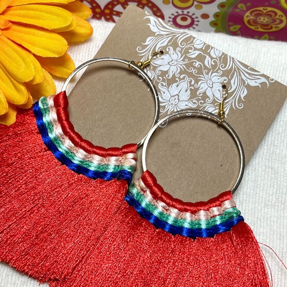 Large Fan Tassel Earrings Red Hoops Long Smooth Silky Fringe Drop Dangles NWT - Picture 3 of 5
